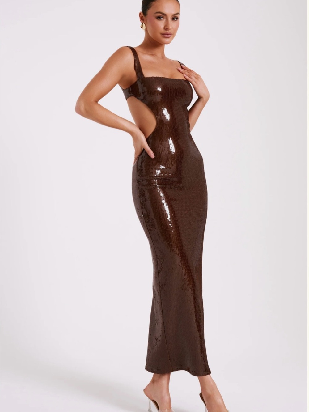 Meshki Brown Sequin Cutout Maxi Dress